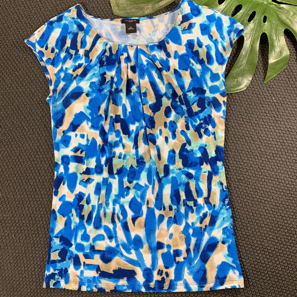 Ann Taylor Blue Watercolor Cap Sleeve Blouse